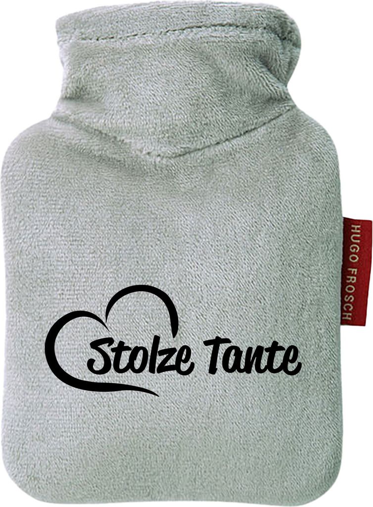 Huuraa Mini-Wärmflasche Stolze Tante Herz 0,2 Liter Grey Mini Veloursbezug Taschenwärmer Geschenkidee