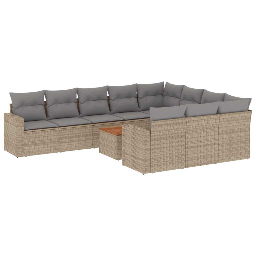 vidaXL 11-tlg. Garten-Sofagarnitur mit Kissen Beige Poly Rattan