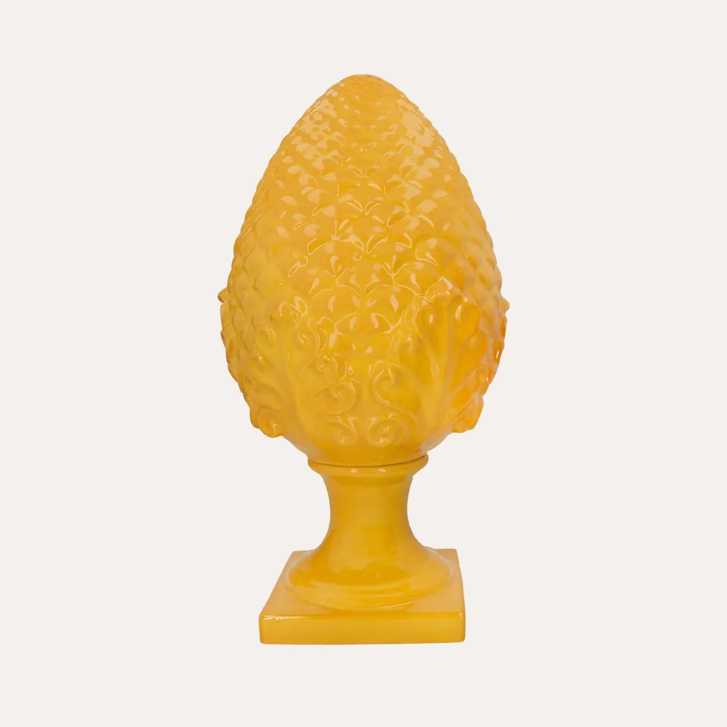 Grande Pomme de Pin Décorative en Céramique Jaune - Sculpture de Jardin