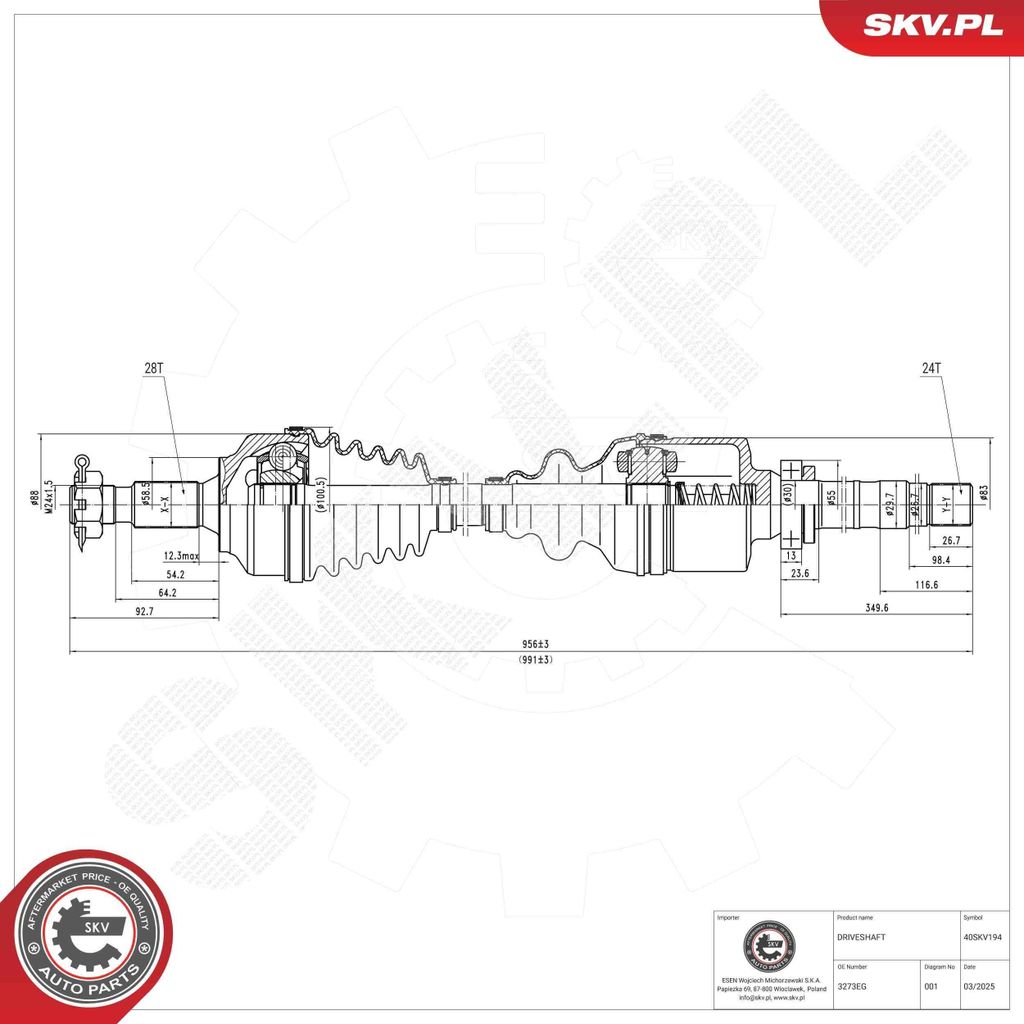 ESEN SKV 40SKV194 Antriebswelle Vorne Rechts passend für PEUGEOT 407 SW (6E) 407 (6D) 407 SW Kasten / Kombi (6E) für CITROËN C5 III Kombi (RW)