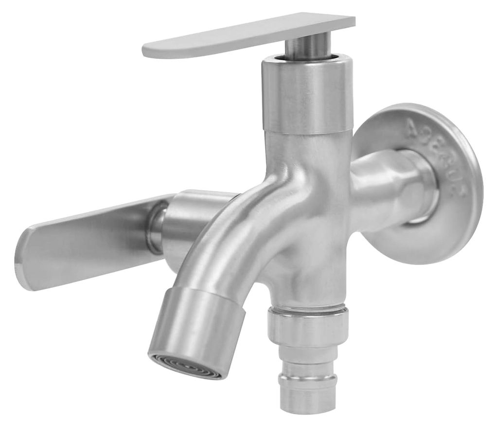 Edelstahl Wasserhahn, Garten Wasserhahn mit Doppel Auslauf 1/2" für Waschmaschinen