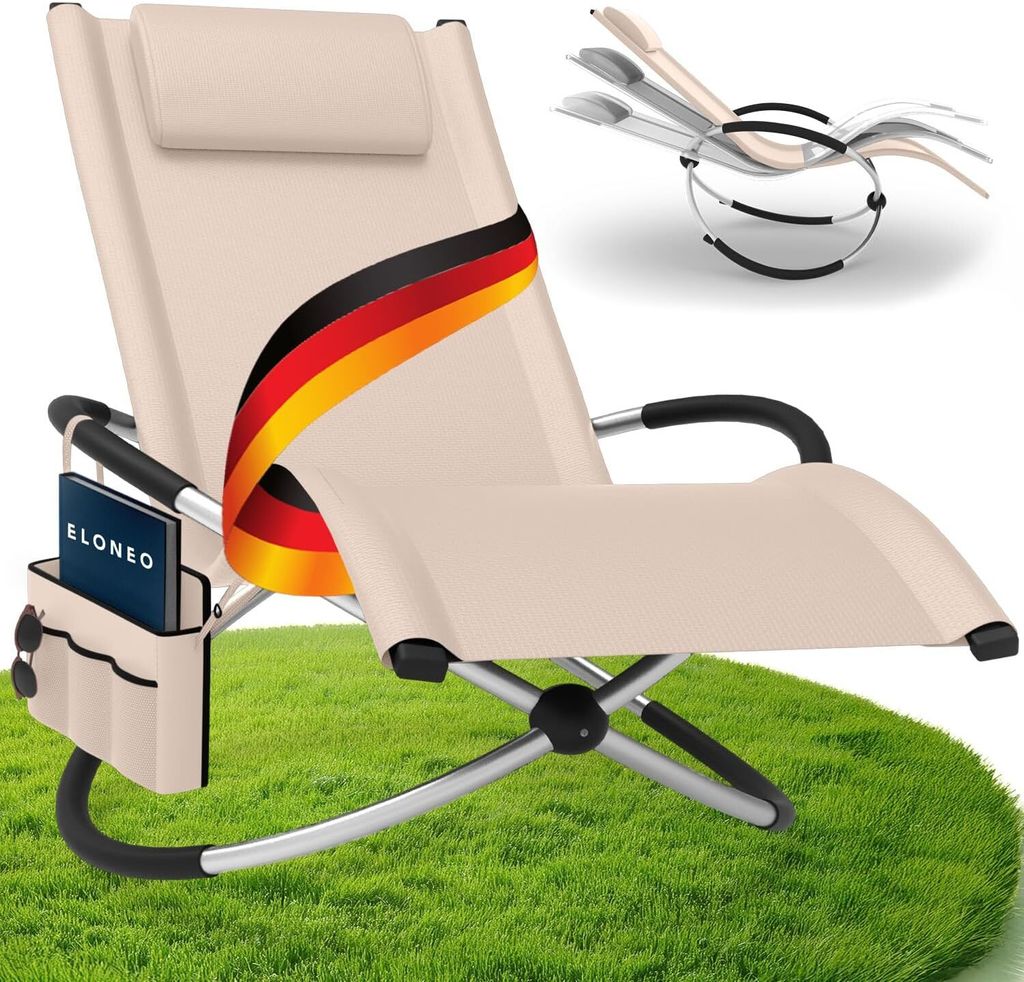 ELONEO Schaukelliege Outdoor mit Tasche, Relaxliege bis 180kg, Schaukelsessel Outdoor, Liegestuhl wetterfest, Sonnenliege, creme