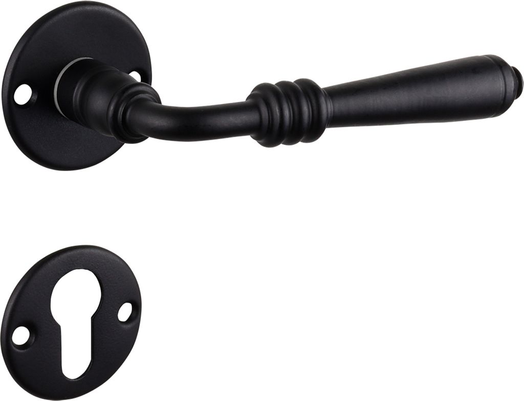 A black door handle set with a keyhole escutcheon plate, presented on a white background.