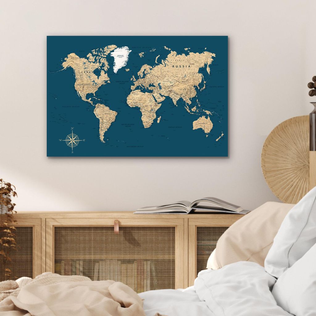 MuchoWow Wanddekoration Metall Metallbild Wandkunst 60x40 cm Weltkarte - Dunkelblau - Beige MuchoWow Aluminium Gemälde - Gemälder