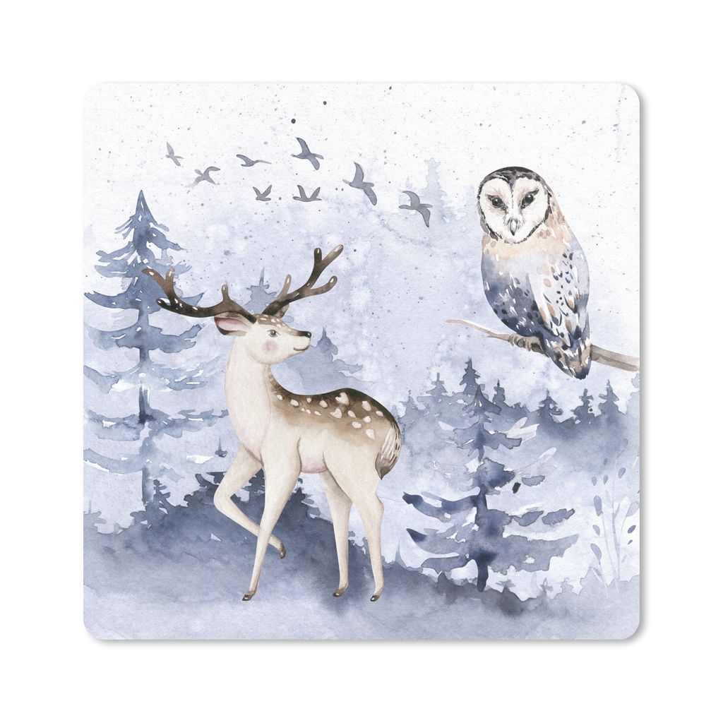 MuchoWow Mauspad Mousepad Winter - Rotwild - Eule 20x20 cm - Mousepads - Maus Mat - Pad - Mausunterlage - Desk Mat - Bureauartikeln