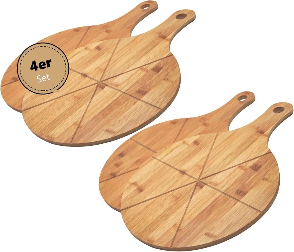 Hausleben 4er Set Pizzabretter rund mit Griff aus Bambus, Produktbild 