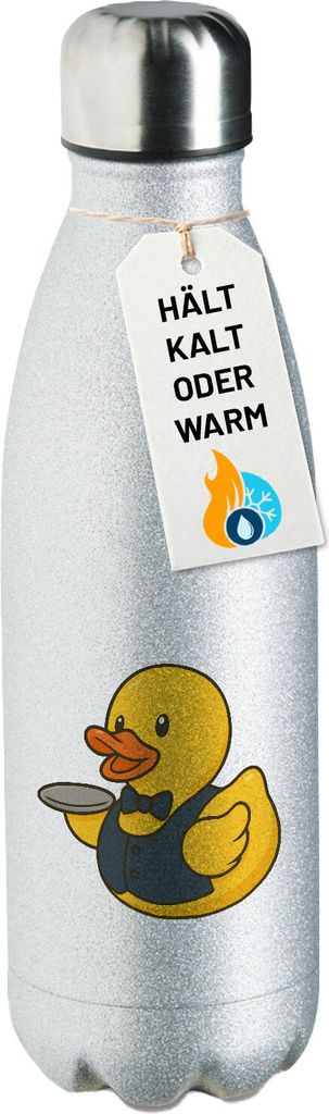 Huuraa Trinkflasche Quietscheente Gastronomie Comic Gummiente 500ml Silver Edelstahl Wasserflasche Trinkflasche Geschenkidee