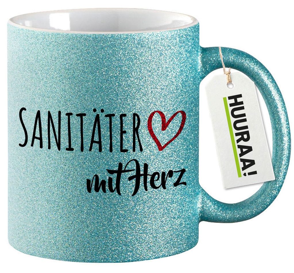 Huuraa Glitzertasse Sanitäter mit Herz 330ml Blau Keramik Kaffeebecher Geschenkidee