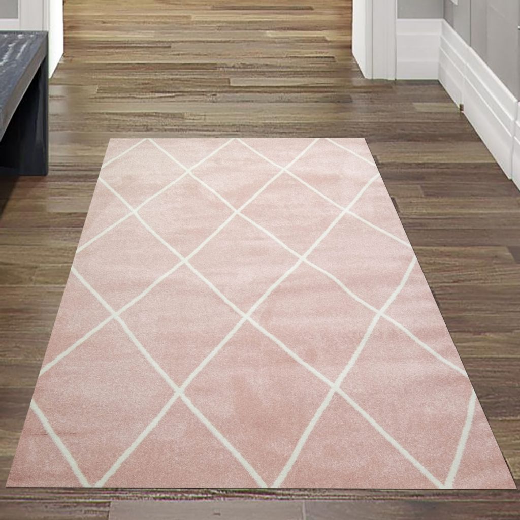 Teppich Skandinavischer Stil Wohnzimmer Rautenmuster - pflegeleicht - rosa creme weiß Größe - 80 x 300 cm