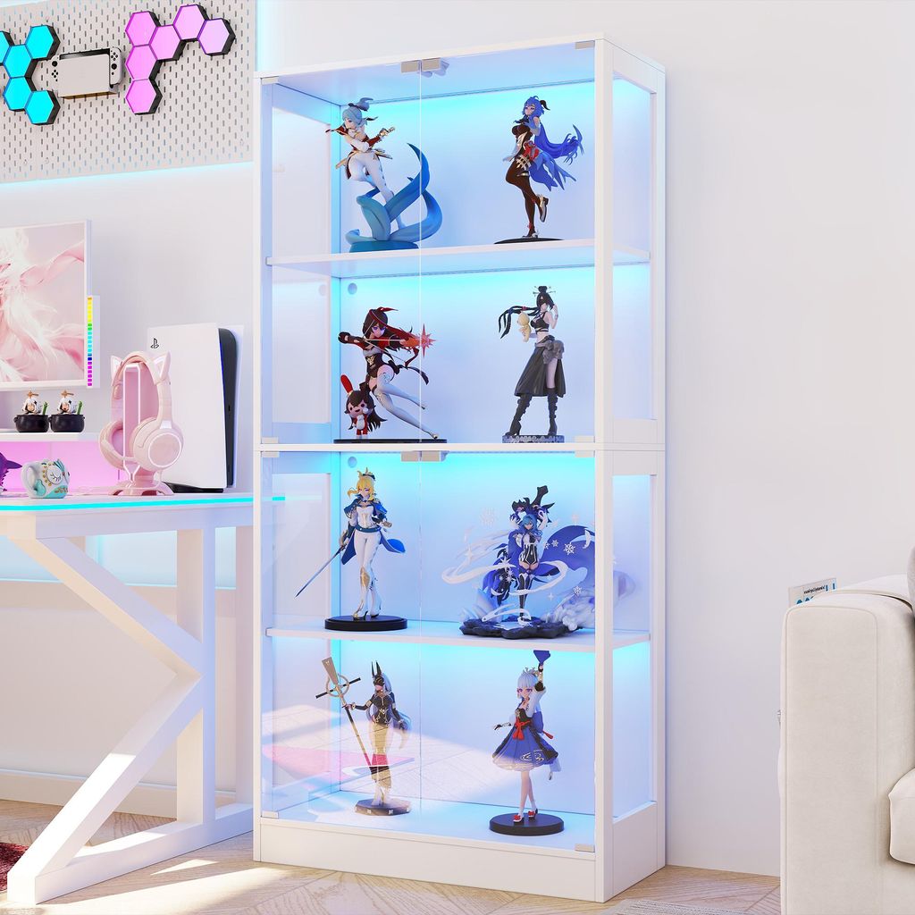 STILVORA Vitrine mit LED und 4 Ebenen Stauraum, Glasvitrine transparent mit App-gesteuertem LED-Licht und Push-to-Open Türen, Sammlungsschrank fü...
