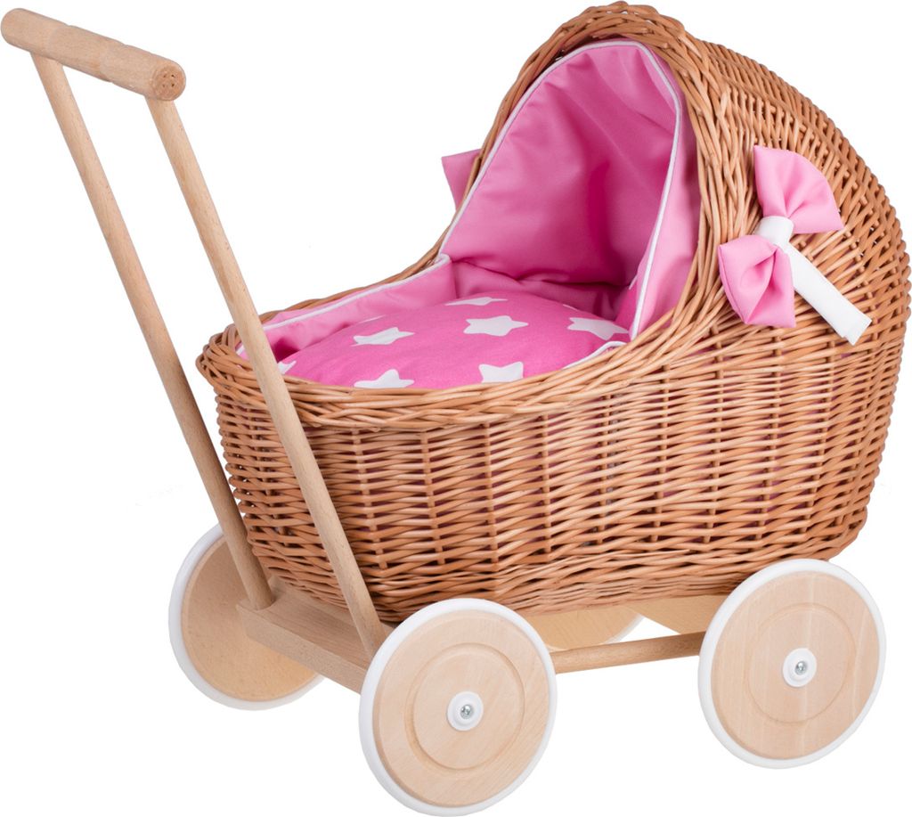 Lili Naturfarbiger Puppenwagen aus Weide mit Bettwäsche (rosa)