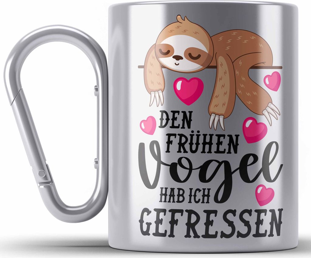 Trendation - Der Frühe Vogel Edelstahl Tasse Karabiner mit Spruch Geschenk Kollegin Kollege Frau Karabiner Edelstahl Tasse Karabiner Edelstahl Bü...