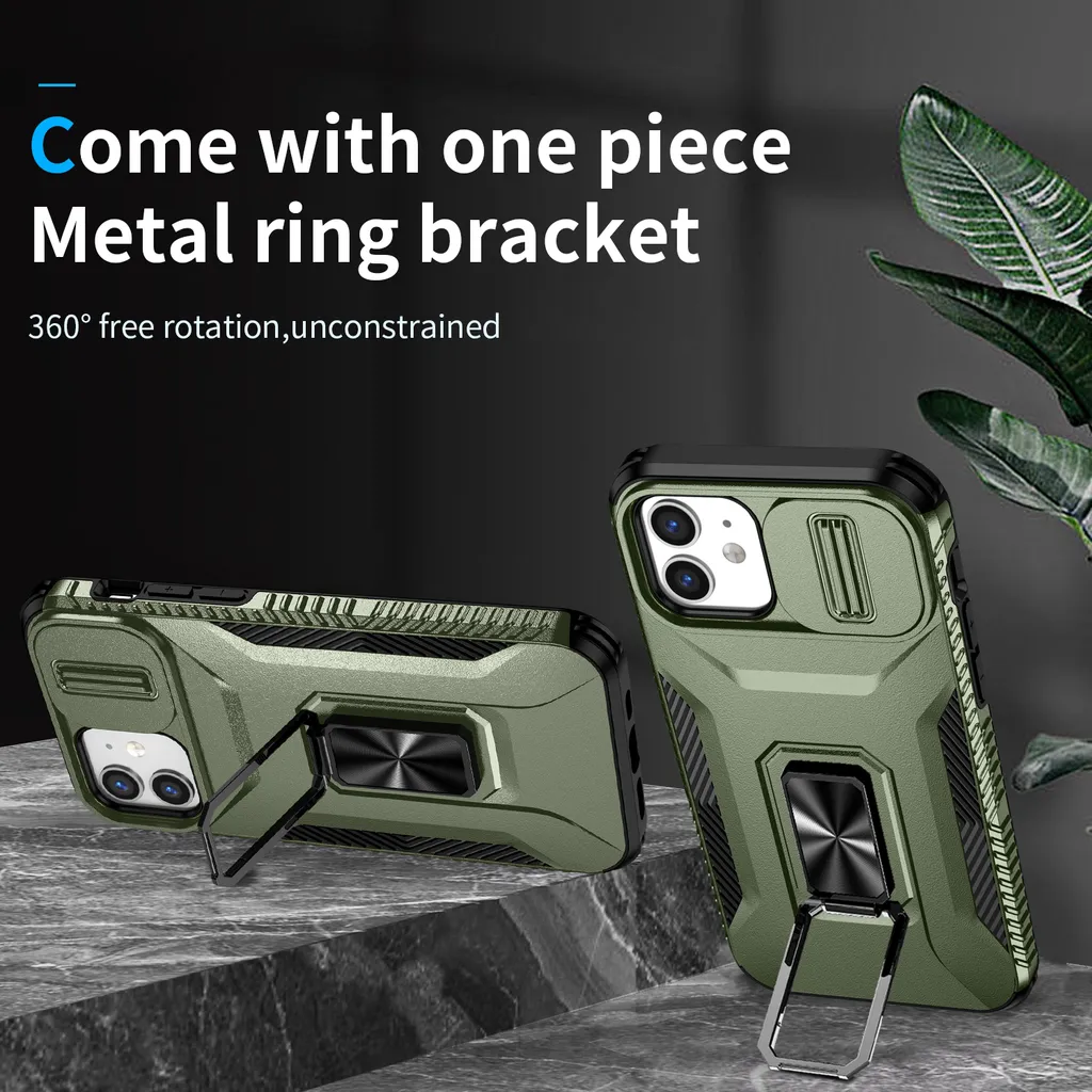 Custodia iPhone 12 / 12 Pro Verde Militare con Ring Stand e Slider - 2