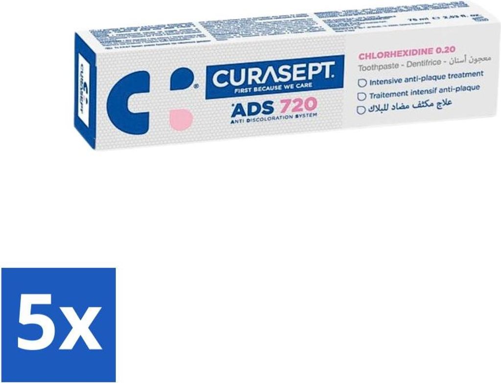 Curasept - ADS 720 Gel-Zahnpasta - Chlorhexidin 0,20 % - Schützt Zahnfleisch & Zähne - 75 ml - Vorteilspack - 5 Stücke
