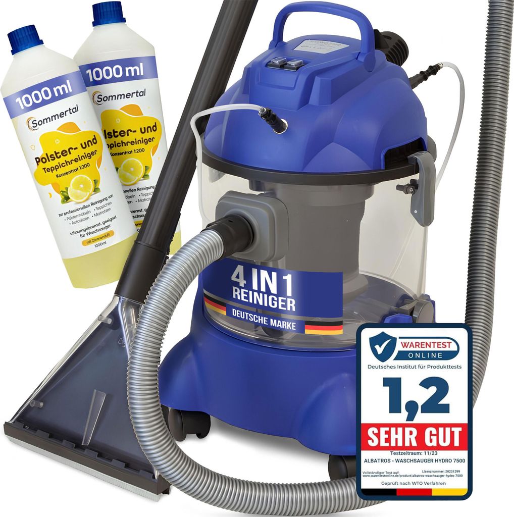 A cleaning machine with two bottles of cleaning solution and a cleaning attachment.
