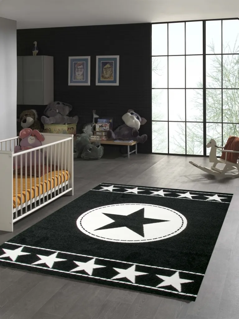 Tapis enfant étoiles noir crème 160x230 - Facile à nettoyer et doux