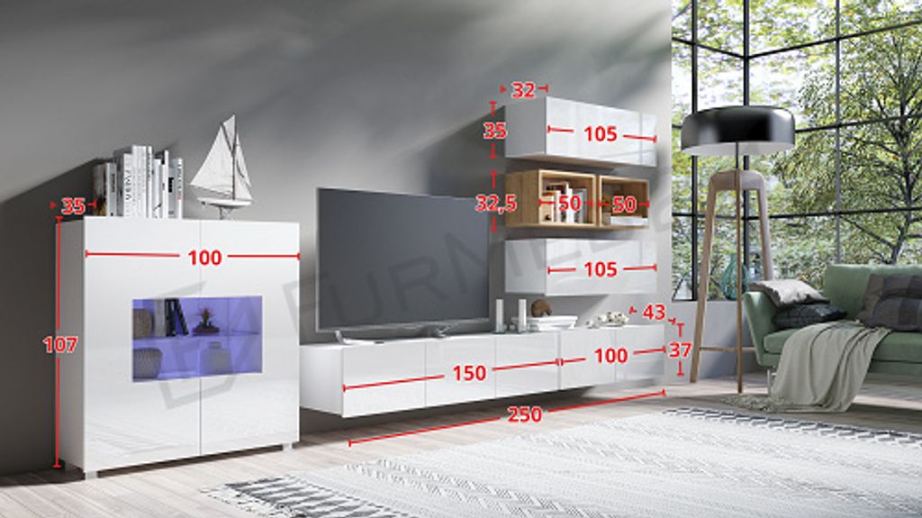 Furmeb24 - CALABRINI 28 -Wohnwand , Schrankwand, LED-Gratis (Weiss)