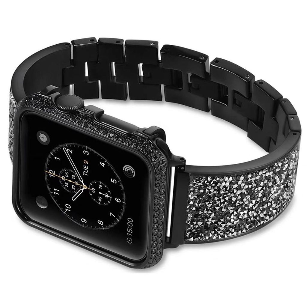FFO2World Luxus-Metallarmband für Apple Watch 42–49 mm (Serie 1–11, Ultra) – Funkelndes, gebogenes Armband mit Strasssteinen – Schwarz