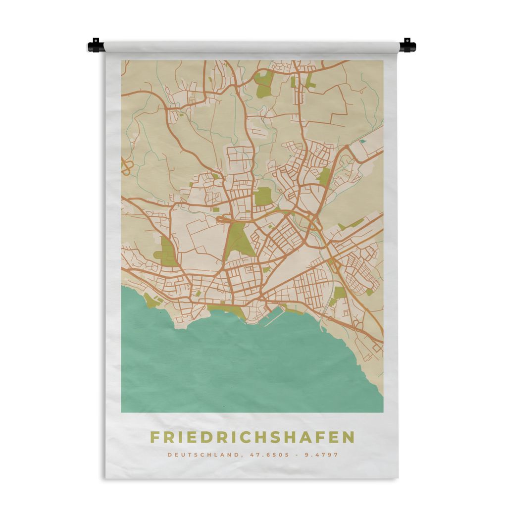 MuchoWow Wandteppich Wandbehang Friedrichshafen - Karte - Vintage - Stadtplan - Karte 90x135 cm Tapisserie Dekoration Wandtuch - Baumwolle - Wand...