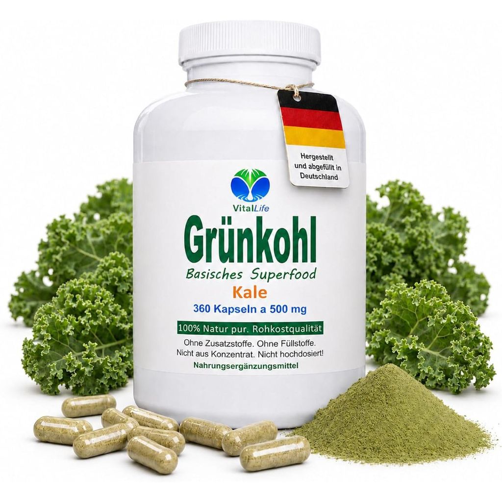 Grünkohl pur 360 Kapseln Vitalstoff Champion & Superfood - Sulforaphan Lutein Antioxidantien - Rohkostqualität. NATUR pur OHNE Zusatzstoffe.