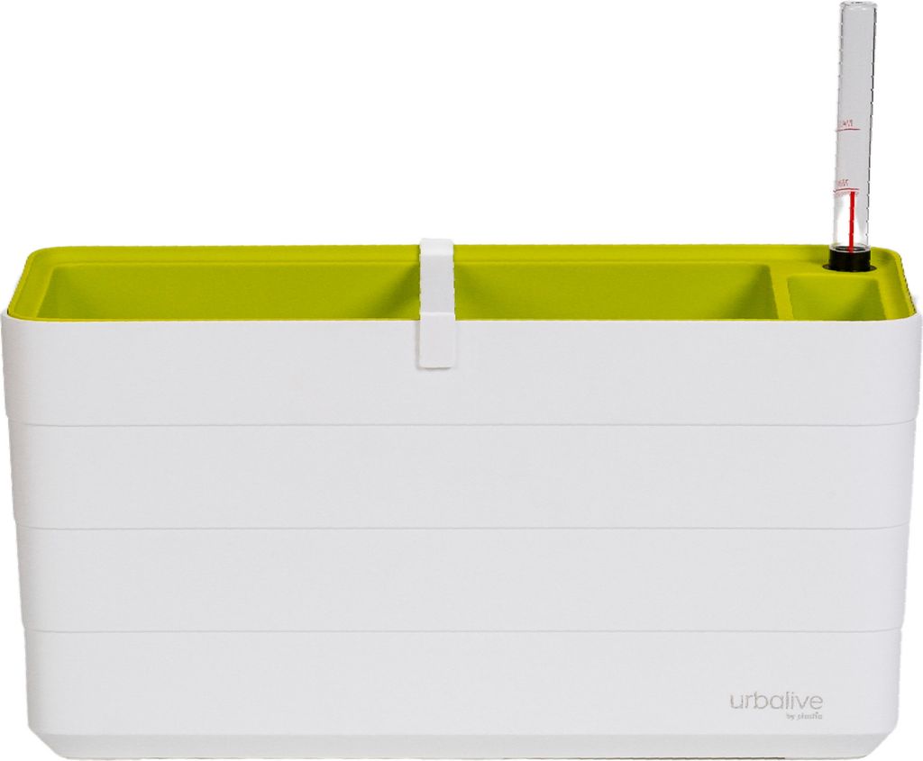 A white planter box with a green interior, featuring a water level indicator.