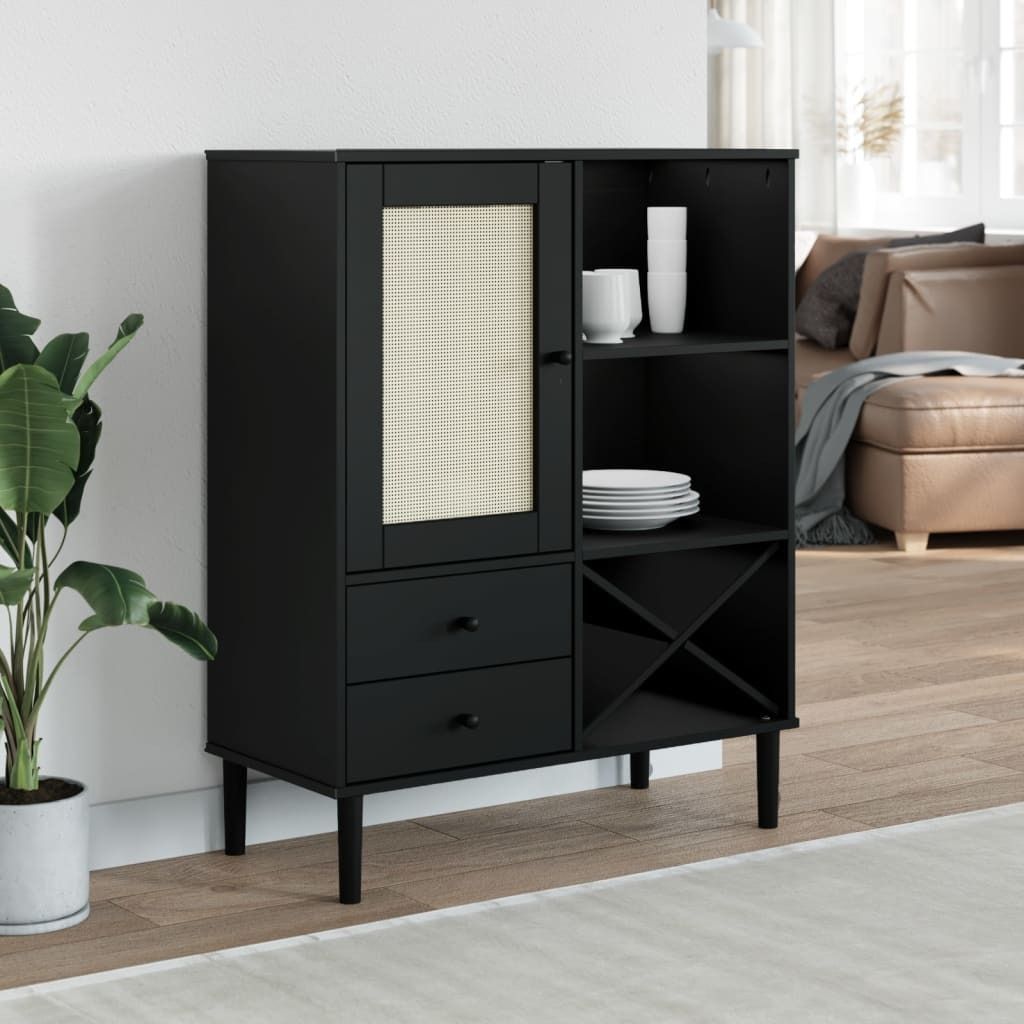 "Rabatt" Mehrzweckschrank/Vitrine/ Highboard - Modernes Design - SENJA Rattan-Optik Schwarz 90x40x112 cm Kiefernholz - Kommoden CC16436