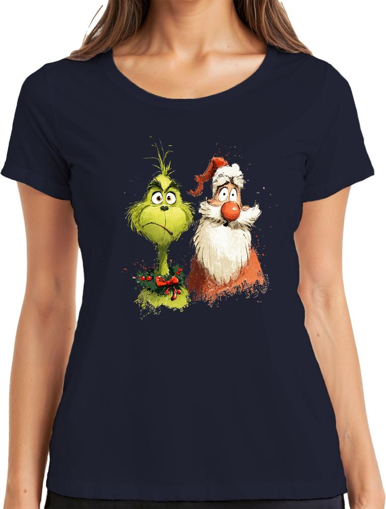 Grinch Weihnachtsmann lustig Weihnachten Geschenk Cartoon Retro Damen T-Shirt, Navy, XL