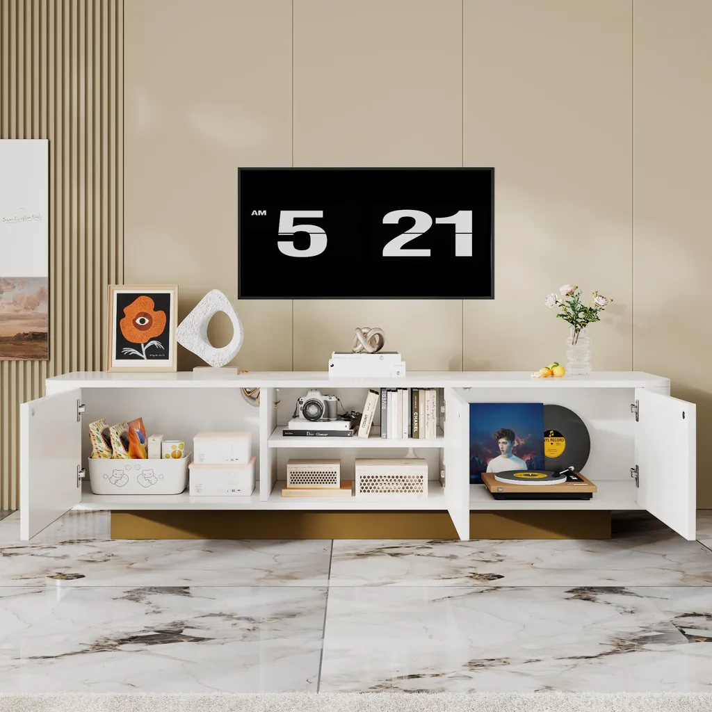 Meuble TV 175 cm blanc avec veines de bois et gestion câbles intégré - 5
