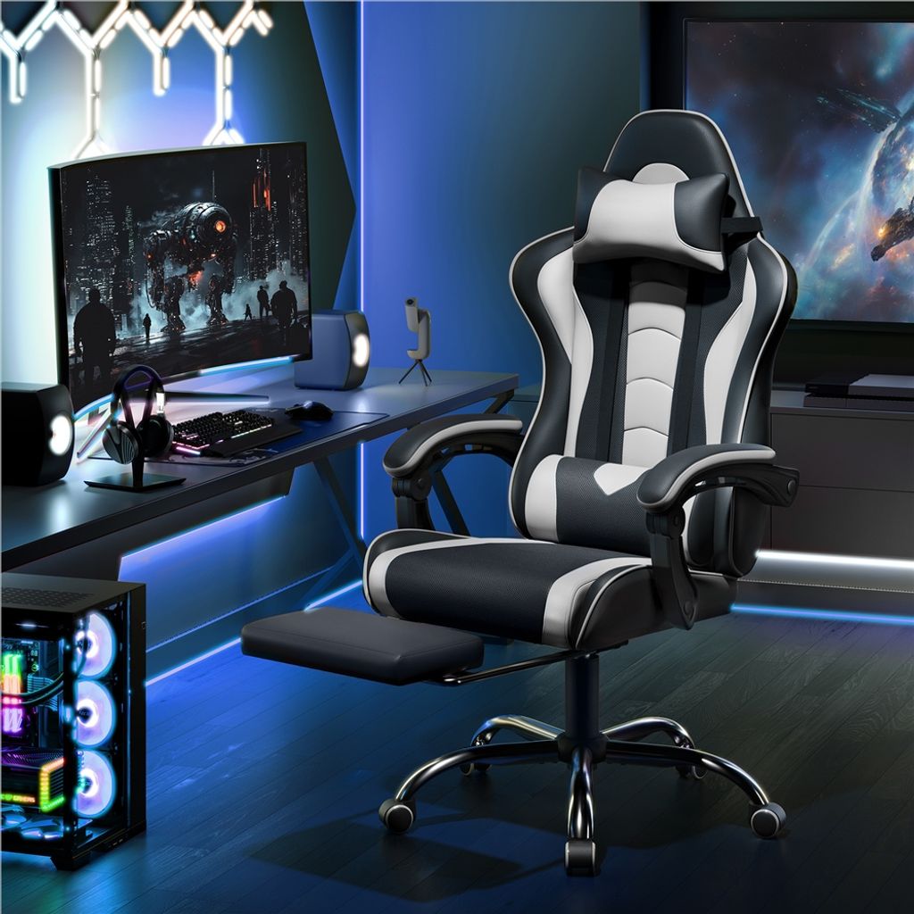 Yaheetech Gaming Stuhl mit Massagefunktion Bürostuhl Schreibtischstuhl ergonomisch höhenverstellbarer Drehstuhl Computerstuhl, Schwarz & Weiß