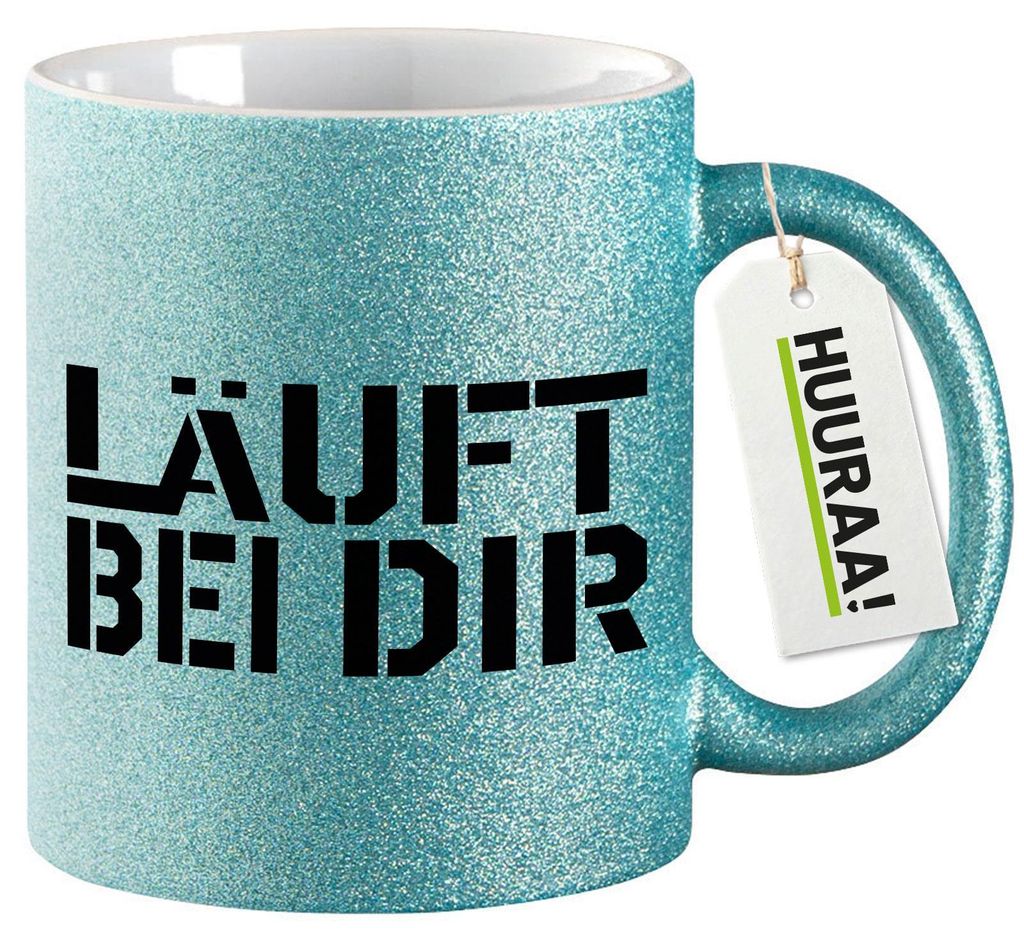 Huuraa Glitzertasse Läuft bei dir Jugendwort 330ml Blau Keramik Kaffeebecher Geschenkidee