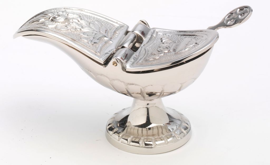 Weihrauch Schiffchen mit Löffel und Deckel Messing vernickelt Silber (Höhe 7 cm x Länge 13 cm)