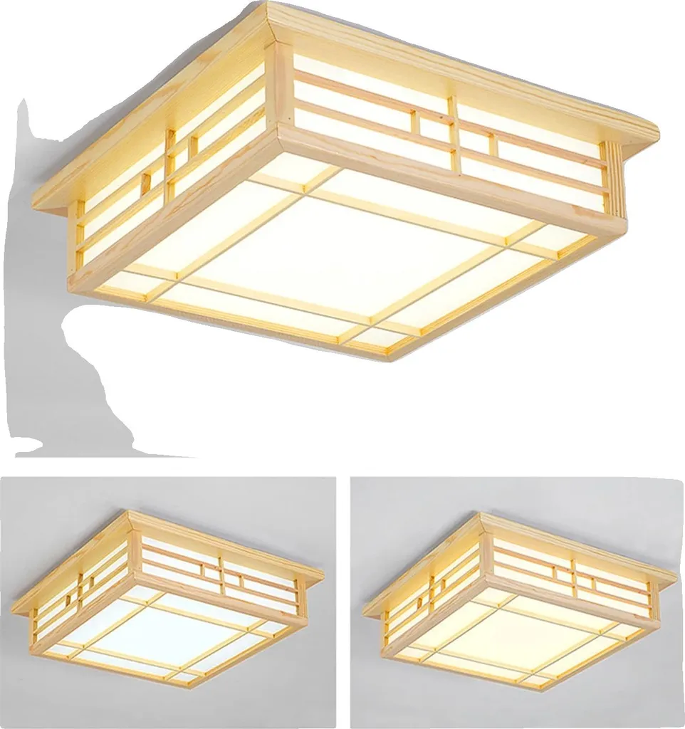 Luminaire de Plafond LED en Bois Naturel Carré - Éclairage Tamisé Doux