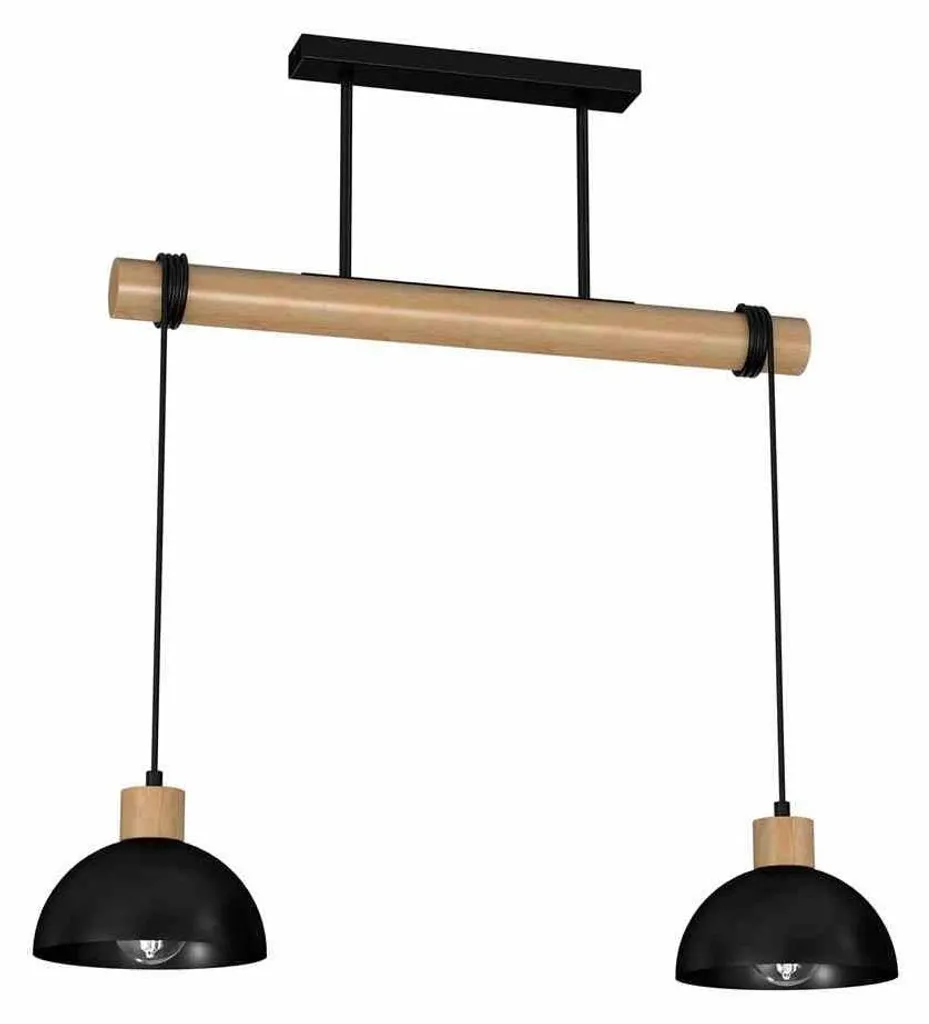 Suspension Plafonnier Erik 2 Lumières E27 Design Bois et Métal Noir Mat