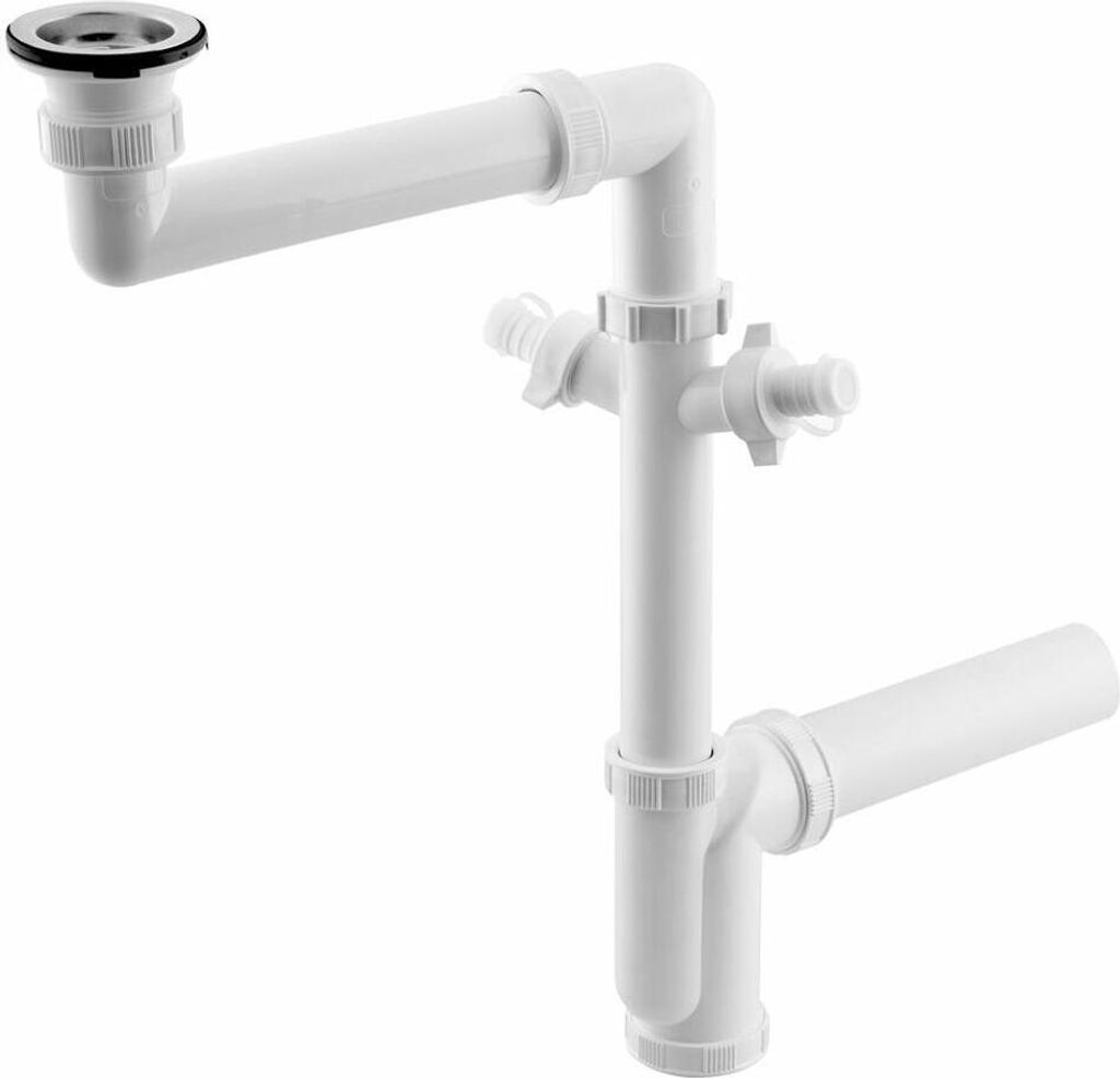 A white plastic sink siphon with two appliance connections, a stainless steel drain with a stopper, and a DN40 connection.