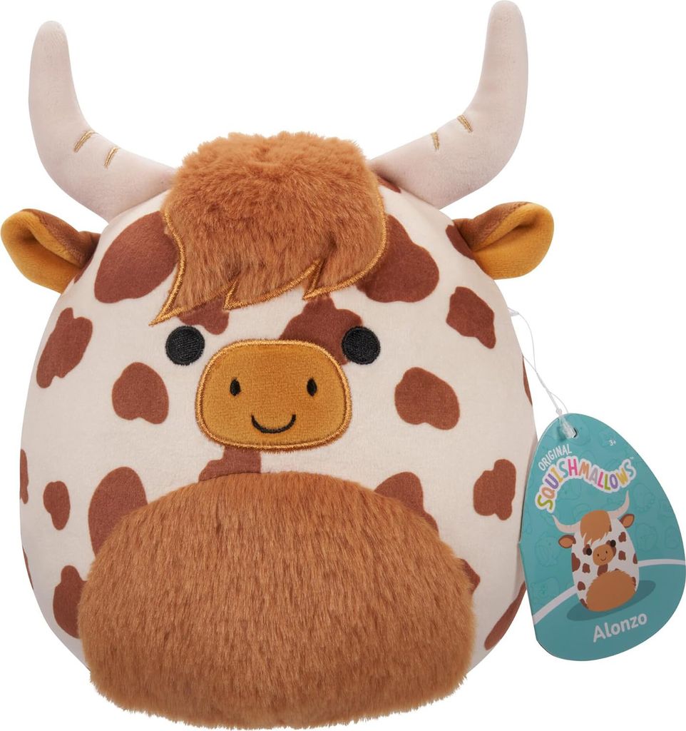 A plush toy of a cow named Alonzo is shown against a white background. A tag is attached to the toy.