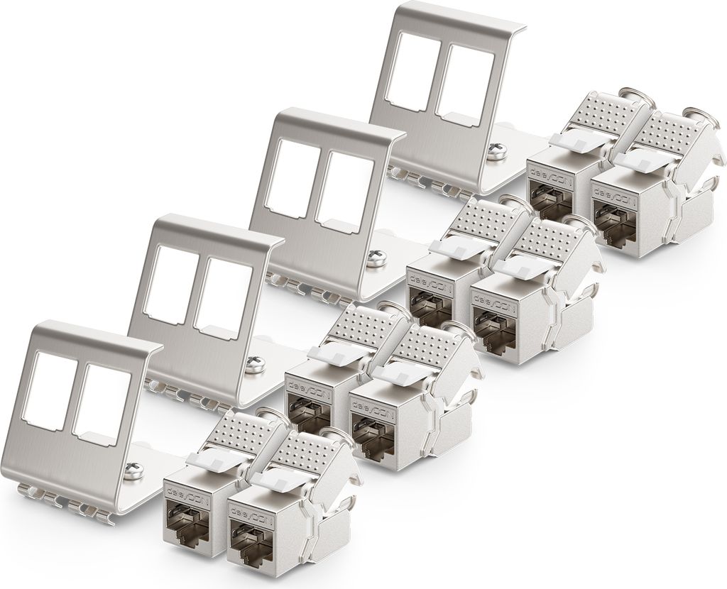 deleyCON 8x CAT6a Keystone Jack Modul mit 4x 2-Port Hutschienenadapter als Set Metall STP Schirmung RJ45 Buchse 10 Gbit/s Netzwerk Snap-In Montage ...