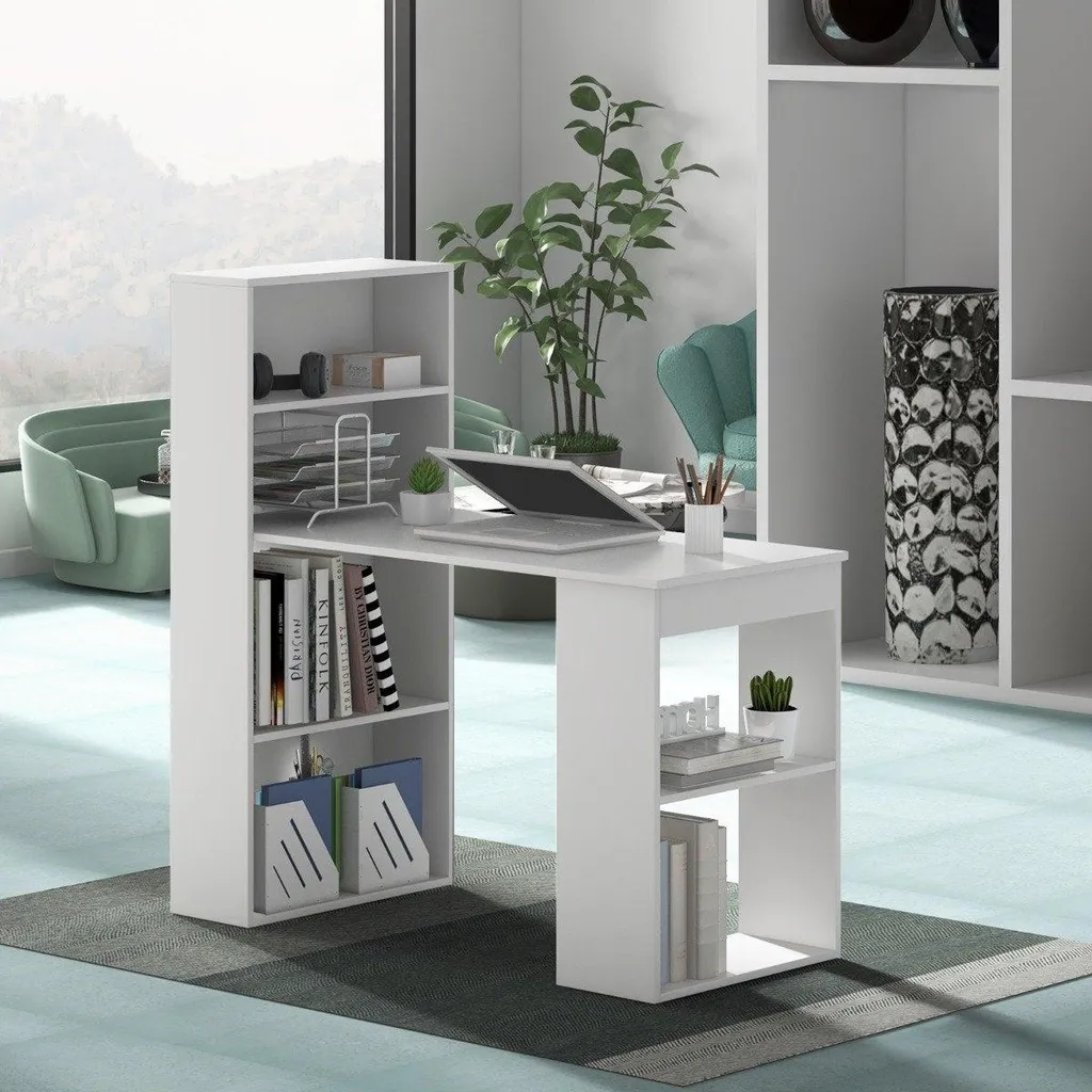 Table d'ordinateur avec 6 étagères de rangement - Bureau blanc moderne
