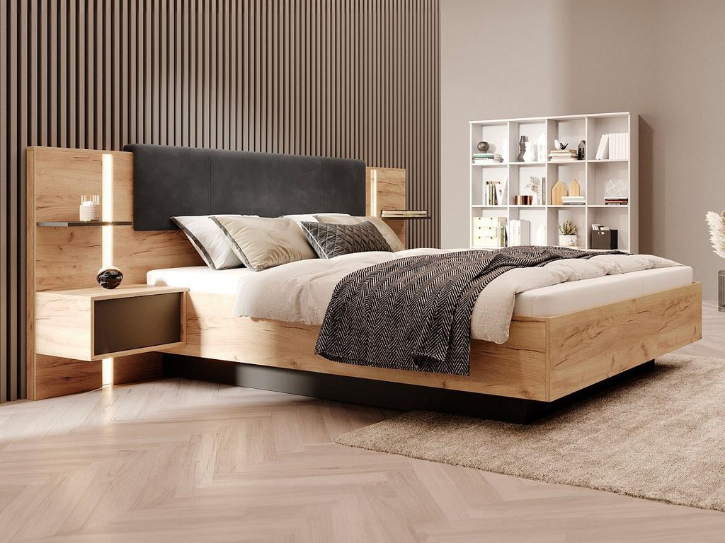 Bett mit Kommode und Nachttischen 160 x 200 cm - Mit LED-Beleuchtung - Farben: Natur und Anthrazit - ELYNIA