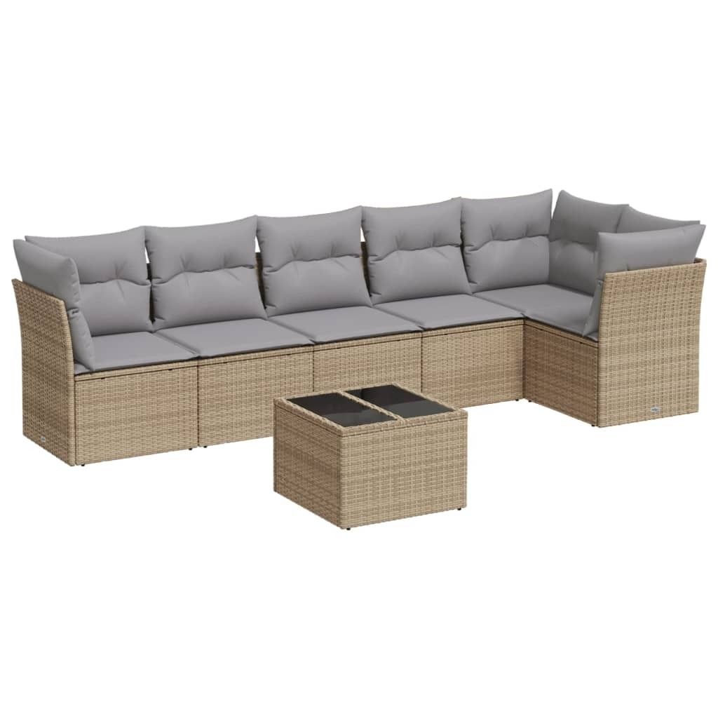 vidaXL 7-tlg. Garten-Sofagarnitur mit Kissen Beige Poly Rattan