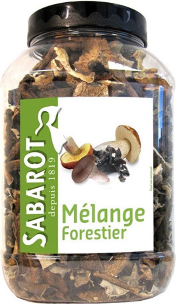 A clear, well-lit product shot of a jar of dried forest mushrooms.