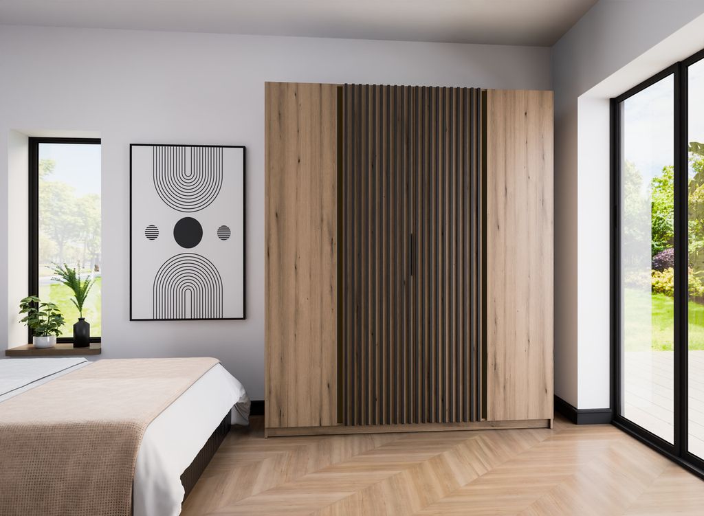 Geräumiger Drehtürenschrank mit Lamellen KAYA I 200 cm für das Schlafzimmer, Korridor (Farbe: Eiche Evoke+Eiche Evoke+Schwarz)