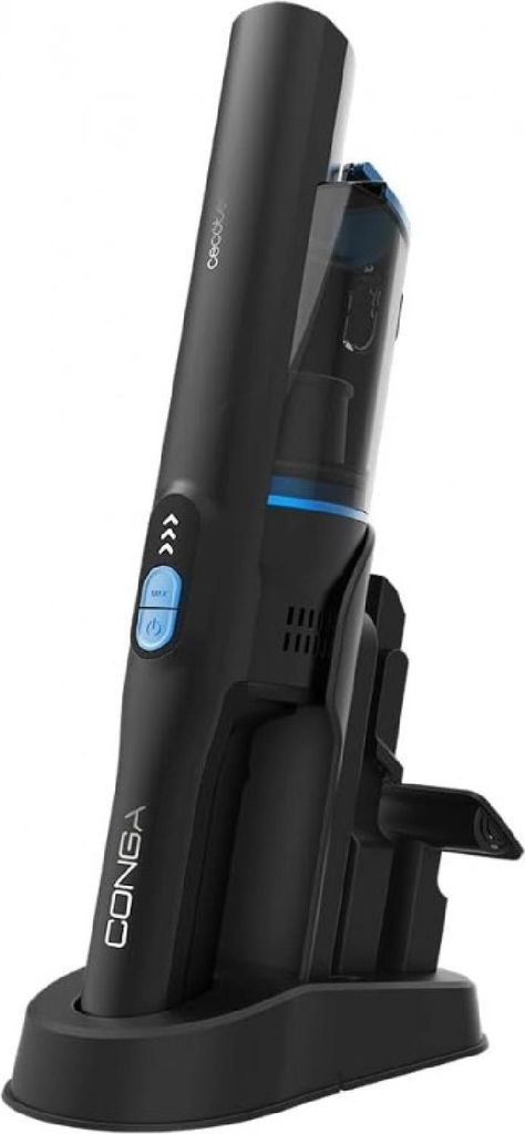 A black cordless vacuum cleaner with a charging dock.