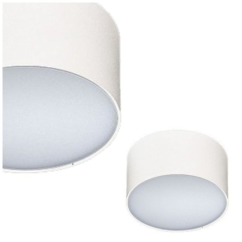 Two white cylindrical ceiling lights are shown against a white background. One light is larger and closer to the viewer, showing a detailed view of its side and bottom. The second light is smaller and positioned to the right, showing a full view of the lig