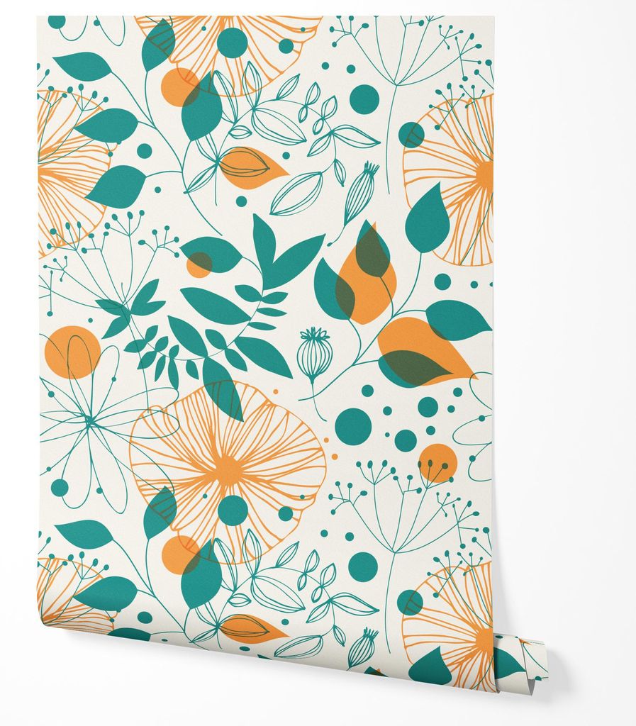 Vliestapete Blumen Floral Abstrakte Blätter Wohnzimmer 2x2,5 Grün-Orange