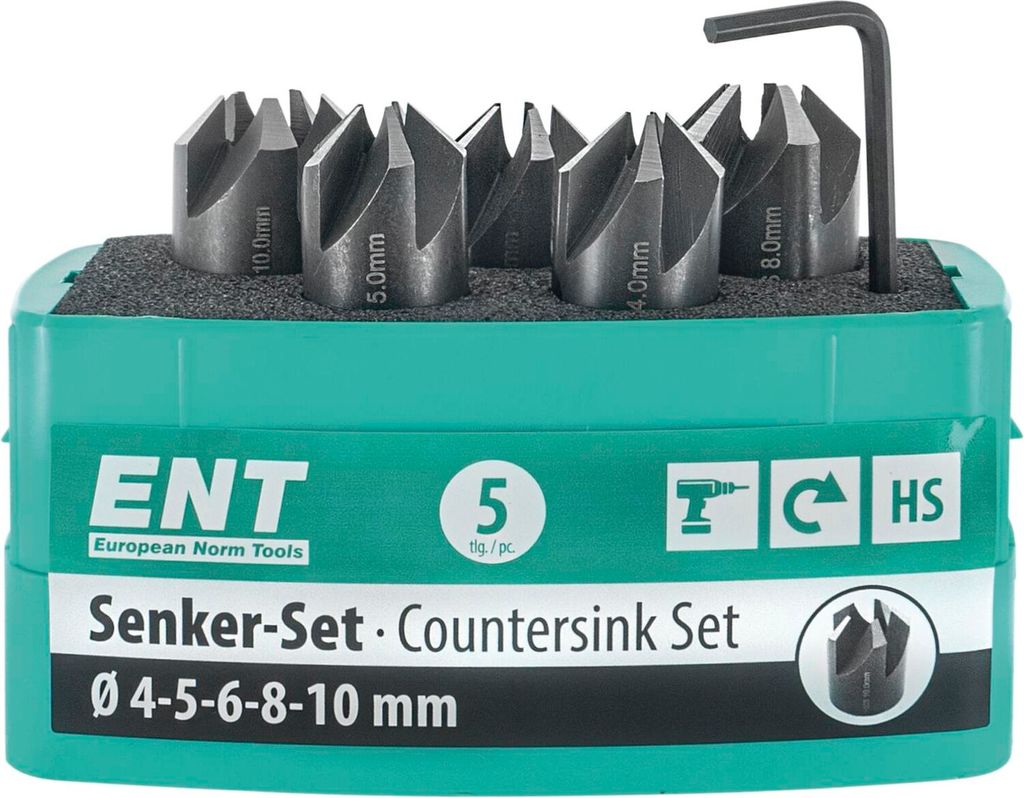 ENT Kegelsenker Set für Holz & Kunststoff HSS-G 90 Grad ø 4/5/6/8/10mm 5-teilig