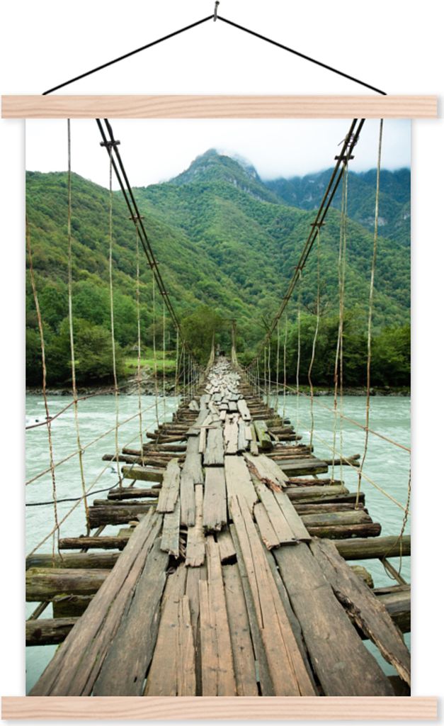 MuchoWow Textilposter Brücke - Holz - Fluss 60x90 cm mit holzfarbenen Rahmen - Textil