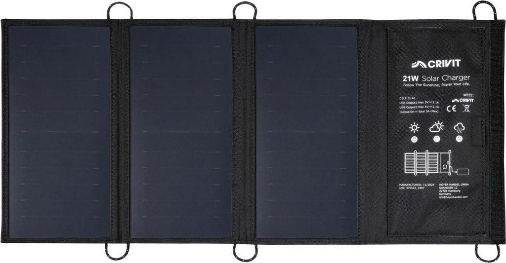 CRIVIT Ladegerät Ladestation Powerbank Solar Camping faltbar 21W CLSF 21 A1