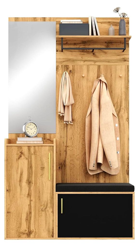 Flurgarderobe Set in Holzoptik mit Spiegel und Sitzbank | Kompaktgarderobe für kleine Räume, Schuhschrank, Haken und Stauraum, stilvolle Flurmöb...