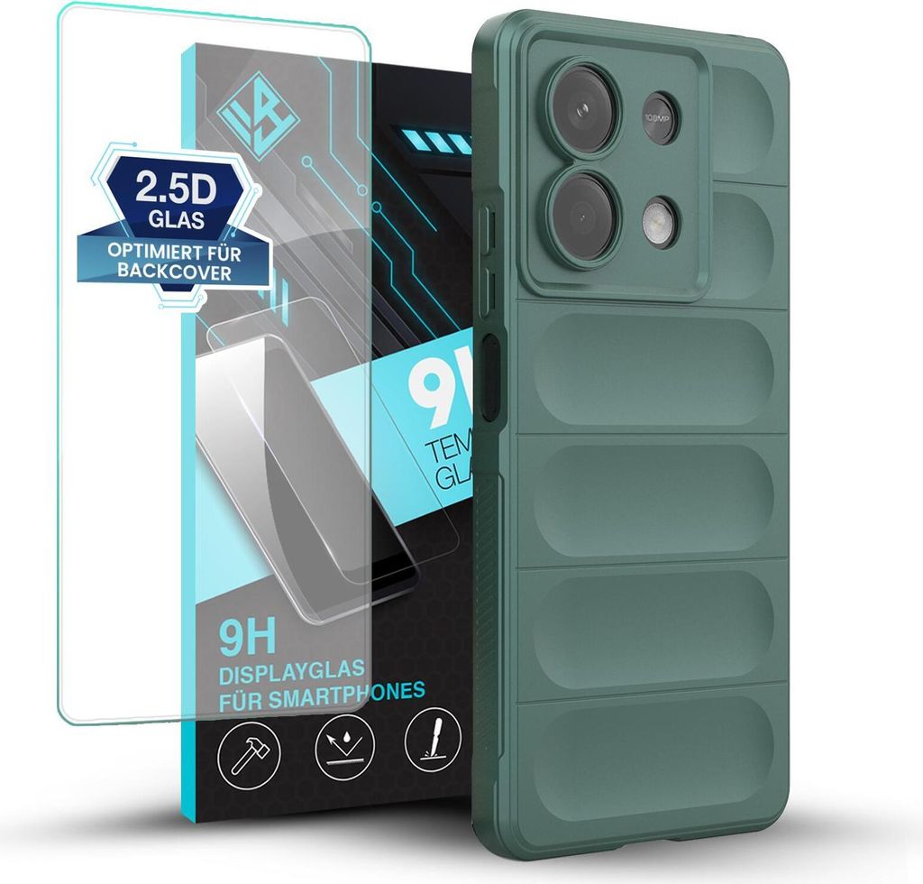 Handy Hülle für Xiaomi Redmi Note 13 5G mit 9H Displayglas Displayschutz Plus Grip Case Cover Schutzhülle Softgrip Farbe: Grün