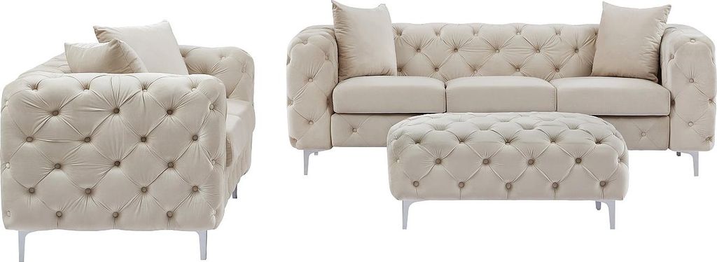 3-Sitzer-Sofa, 2-Sitzer-Sofa und Chesterfield-Pouffe aus beigem Velours - EDWINA